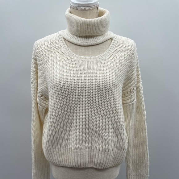 BISHOP & YOUNG winter white ribbed open chest cable knit boho turtleneck sweater - Picture 2 of 9
